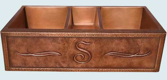 Handcrafted-Copper-Kitchen Sinks-3 Compartment With S Repousse & Crossing Scrolls 