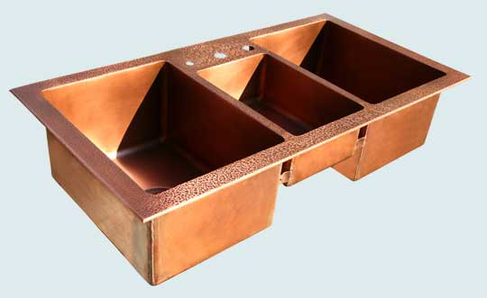 Handcrafted-Copper-Kitchen Sinks-3 Compartment Drop-In, Hammered Deck