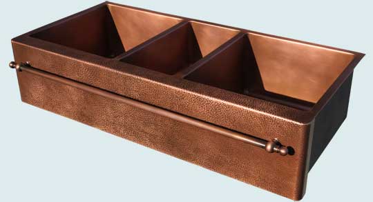 Handcrafted-Copper-Kitchen Sinks-3 Compartment W/ Towel Bar & Hammered Apron