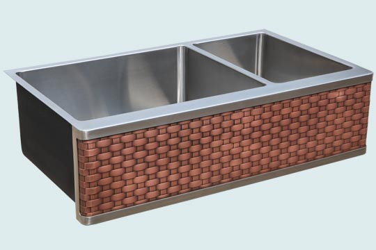 Custom 2 compartment farm sink, custom sink, woven copper apron, custom stainless farm sink # 4887